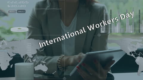 Businesswoman Analyzing Data with Digital World Map Graphics