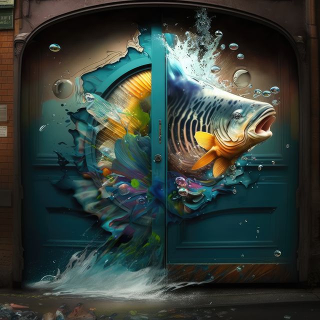 Building with door covered in colorful fish graffiti created using generative ai technology - Download Free Stock Photos Pikwizard.com