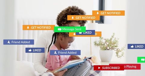 Mother guiding daughter reading in bed during cozy storytime with social media notifications