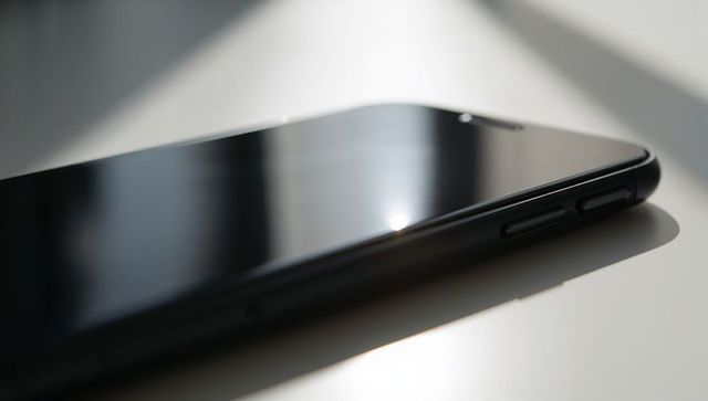 Modern black smartphone reflecting window light on white tabletop showing side buttons