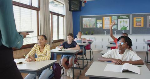 Engaged elementary classroom students with teacher presenting lesson