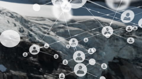 Digital Network Over Glacier with Mountain Backdrop