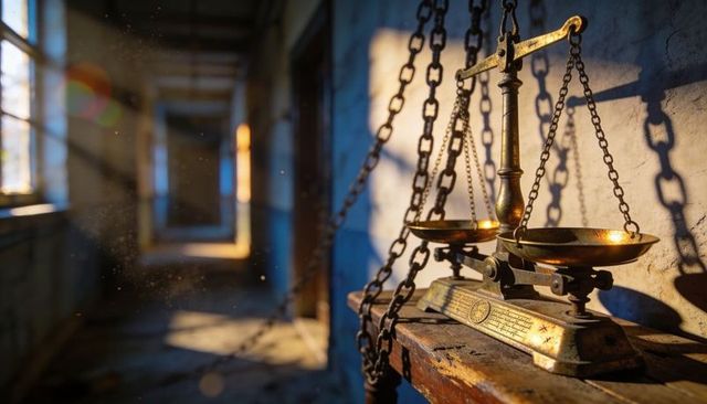Antique brass balance scale catching golden sunlight in abandoned corridor with chains