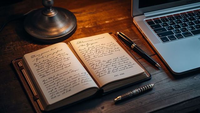 Moody desk with open leather journal glowing under lamp, fountain pen resting by laptop