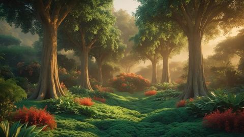 Sunlit forest clearing with lush greenery and red shrubs, garden of eden concept