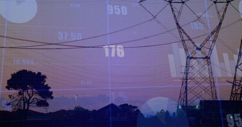 Power pylon at dusk displaying digital data overlays for energy infrastructure analytics