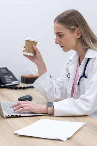Female clinician holding coffee while typing on laptop at desk in modern clinical office