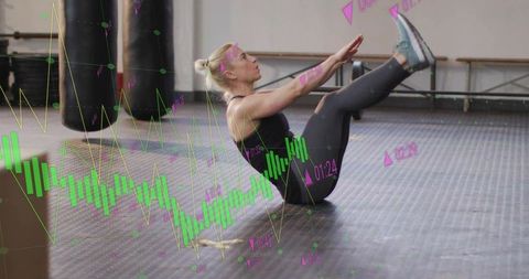 Female athlete holding v-sit core workout with financial overlay merging fitness and data