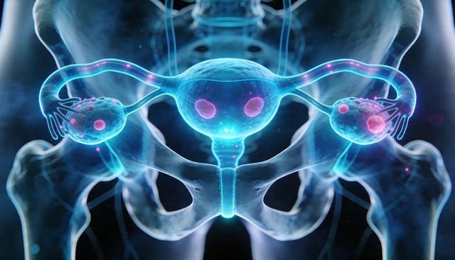 Glowing 3D female reproductive system highlighting uterus, ovaries and fallopian tubes neon