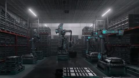 Autonomous warehouse robots loading pallets with cyan status lights for smart logistics