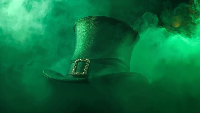 Emerald stovepipe top hat with brass buckle emanating mystical green smoke and moody light