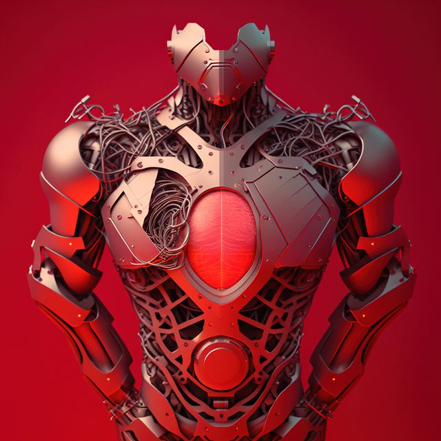 Image of cyber prosthetic of body on red background, created using generative ai technology. Cyber, prosthetics and future concept, digitally generated image.