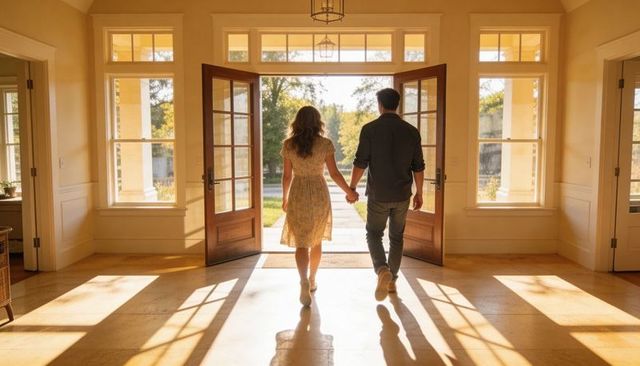 Couple walking holding hands through open french doors at golden hour sunlight warm foyer