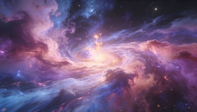 Swirling luminous nebula core emitting glowing filaments through billowing dust clouds