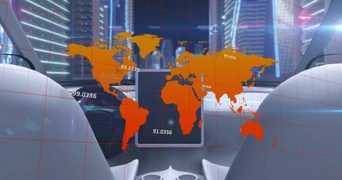 Digital World Map on High-Tech Car in Futuristic Cityscape