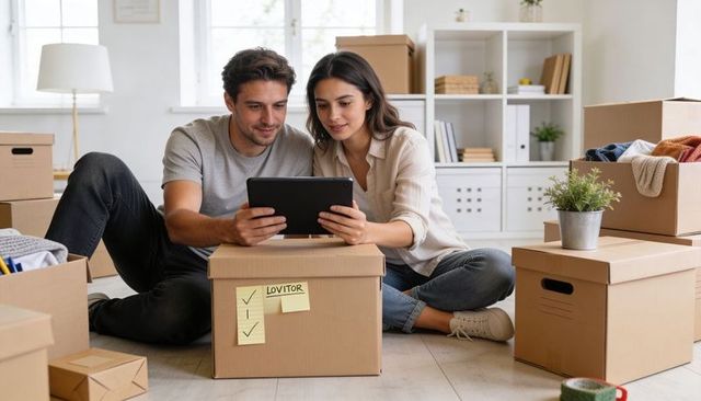 Young couple unpacking and planning new home on tablet during moving day among boxes