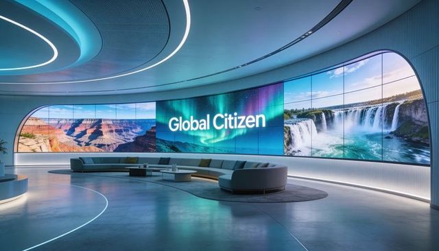 Curved led wall showing global citizen over semi-circular sofa in futuristic corporate lounge