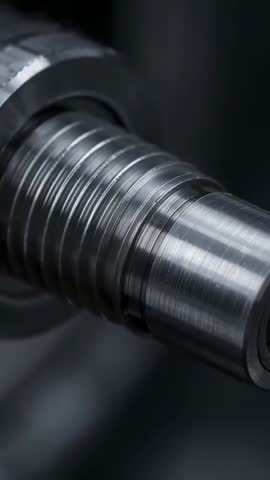Rotating steel threaded shaft in lathe chuck revealing spiral grooves and machining finish