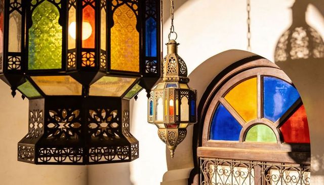 Moroccan lanterns and stained glass window casting warm colorful light