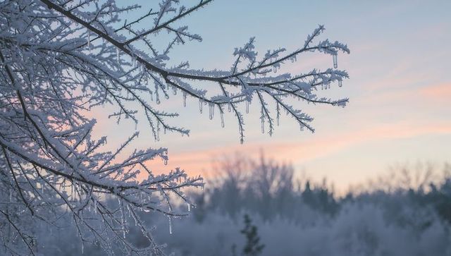 Frost-covered branches with delicate icicles at forest edge during pastel winter sunrise