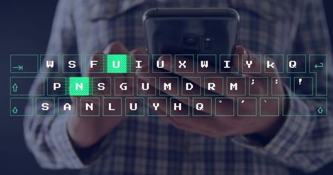 Man Holding Smartphone Typing on Holographic Neon Keyboard Overlay with Futuristic User Interface