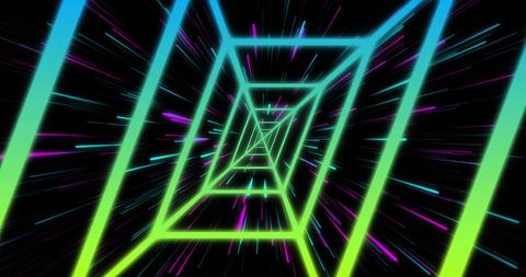 Dynamic neon tunnel with glowing geometric pattern