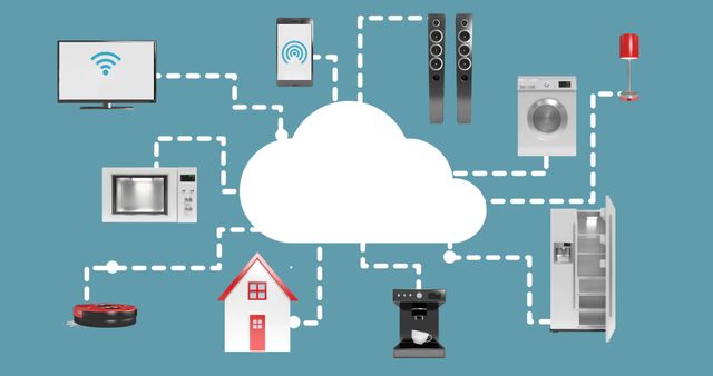 Depicts a smart home's connected devices network, demonstrating IoT and smart technology in everyday appliances such as a television, microwave, washing machine, refrigerator, and more. Useful for illustrating concepts in technology, innovation in home automation, blog posts about smart homes, IoT tutorials, and technology product presentations.