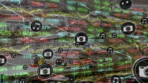 Global Business Data Overlay on Bustling Cityscape