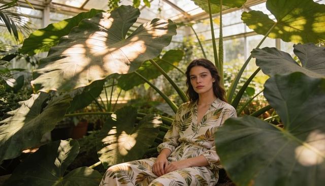 Woman sitting in glass-roof greenhouse wearing leaf-print jumpsuit among tropical leaves