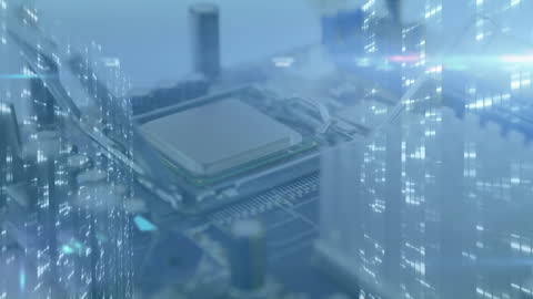 Futuristic Circuit Board with Chip and Tech Grid Overlay