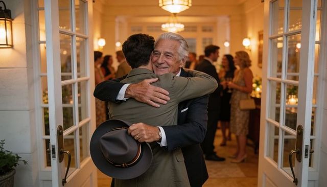 Senior man embracing younger guest at elegant home entrance during reunion