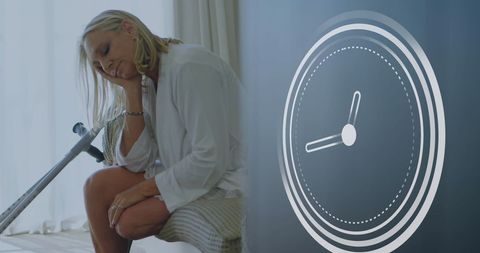 Elderly woman resting with crutches, clock representing time