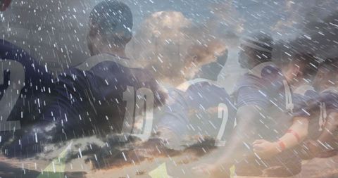 Rugby Team Huddle Understormy Sky Reflecting Unity