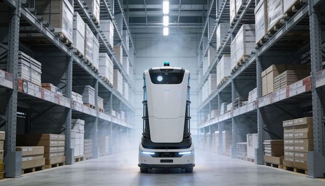 Autonomous mobile robot navigating high-bay warehouse aisle with pallet racks and led guidance