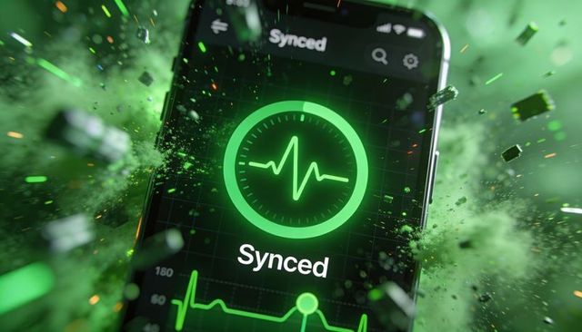 Neon green pulse app interface showing synced data on smartphone with futuristic particles