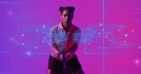 Female Tennis Player in Ready Stance Neon Studio with Futuristic HUD and Glowing Circuits