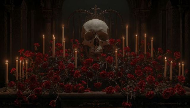 Gothic Candlelit Scene with Skull and Roses in Dark Setting