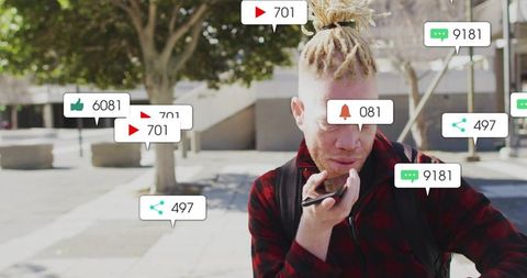 Content Creator Speaking into Smartphone with Floating Social Media Notification Icons and Metrics