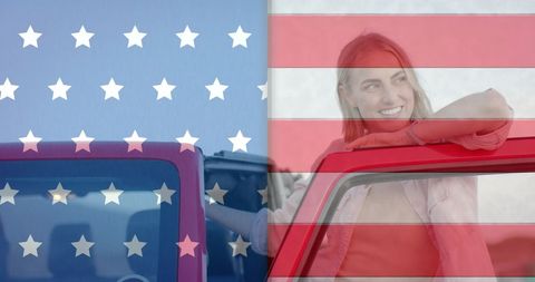 A smiling woman is standing by her car at the beach while an American flag is partially overlaid on the scene. This image evokes the spirit of freedom and patriotism, making it ideal for advertisements, website banners promoting road trips or summer vacations, and articles focused on leisure or national pride.