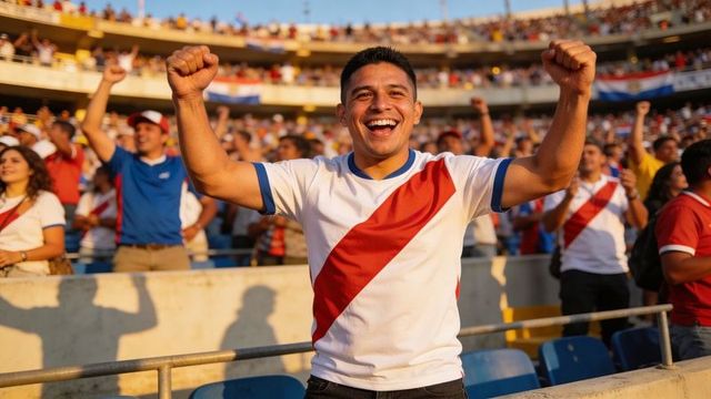 Hispanic soccer fan cheering with arms raised wearing red sash jersey in sunny stadium