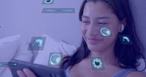 Woman Engaging with Futuristic Augmented Reality on Tablet