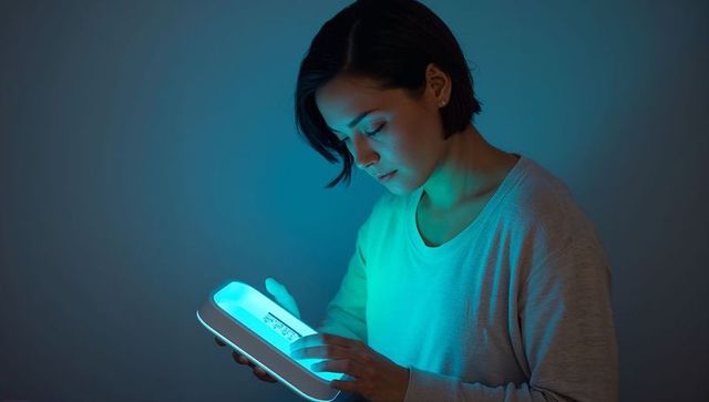 Woman holding teal led light therapy panel scanning qr label modern wellness technology