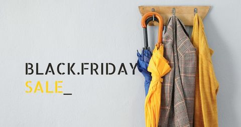 The digitally generated image features text advertising a Black Friday sale adjacent to a row of hanging items, including plaid and mustard yellow coats and umbrellas. The blue and yellow umbrellas add subtle color contrast against the subdued background, enhancing the seasonal appeal. Ideal for promotional materials, websites, or social media campaigns drawing attention to Black Friday discounts. Use it to convey fashion-forward seasonal promotions or represent autumn retail sales.