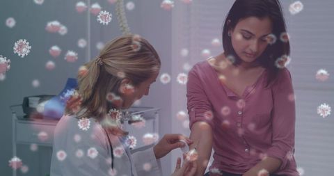 Doctor administering covid-19 vaccine to patient with virus particles