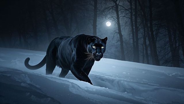 Midnight black panther stalking through snow-covered forest under full moon