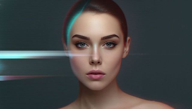 Futuristic Woman Portrait with Digital Glitch and Light Effects