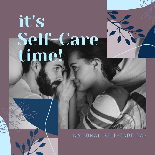 The image shows a couple lying in bed, embracing and focusing on self-care. This warm and cozy depiction represents National Self-Care Day. Perfect for promotions related to self-care, mental health awareness, relationship advice, or romantic lifestyle blogs.