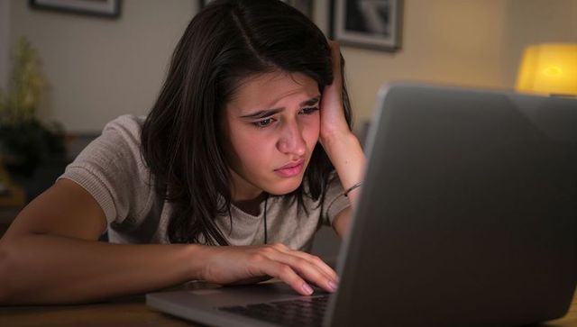 Exhausted teenage girl leaning over laptop studying late at night in cozy living room