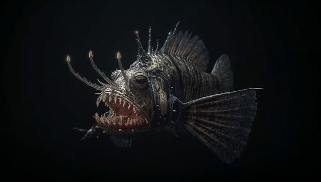 Dark abyssal anglerfish with glowing bioluminescent lure and razor teeth, ocean predator