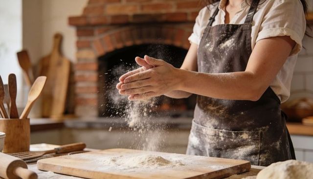 Clapping hands sprinkling flour over wooden board in rustic kitchen, home baker in dark apron prepar